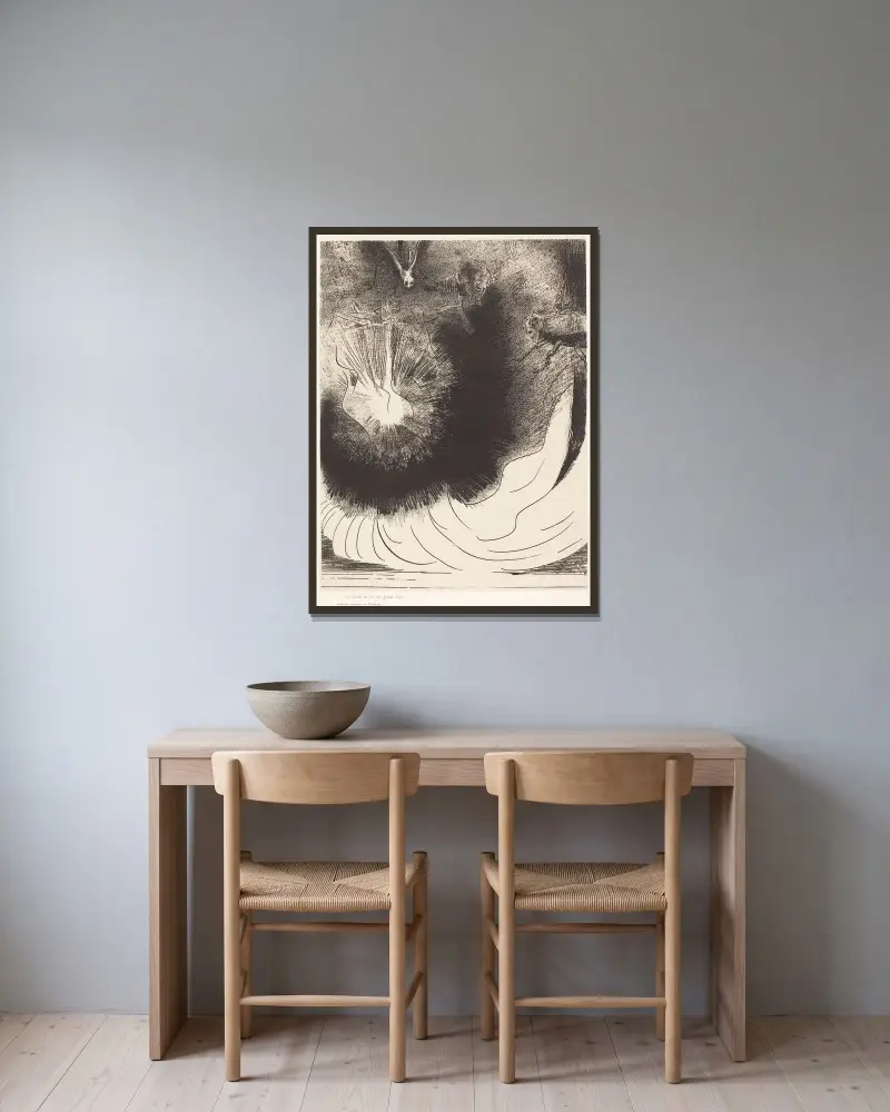 Och från himlen föll en stor och brinnande stjärna av Odilon Redon inramad på en vägg
