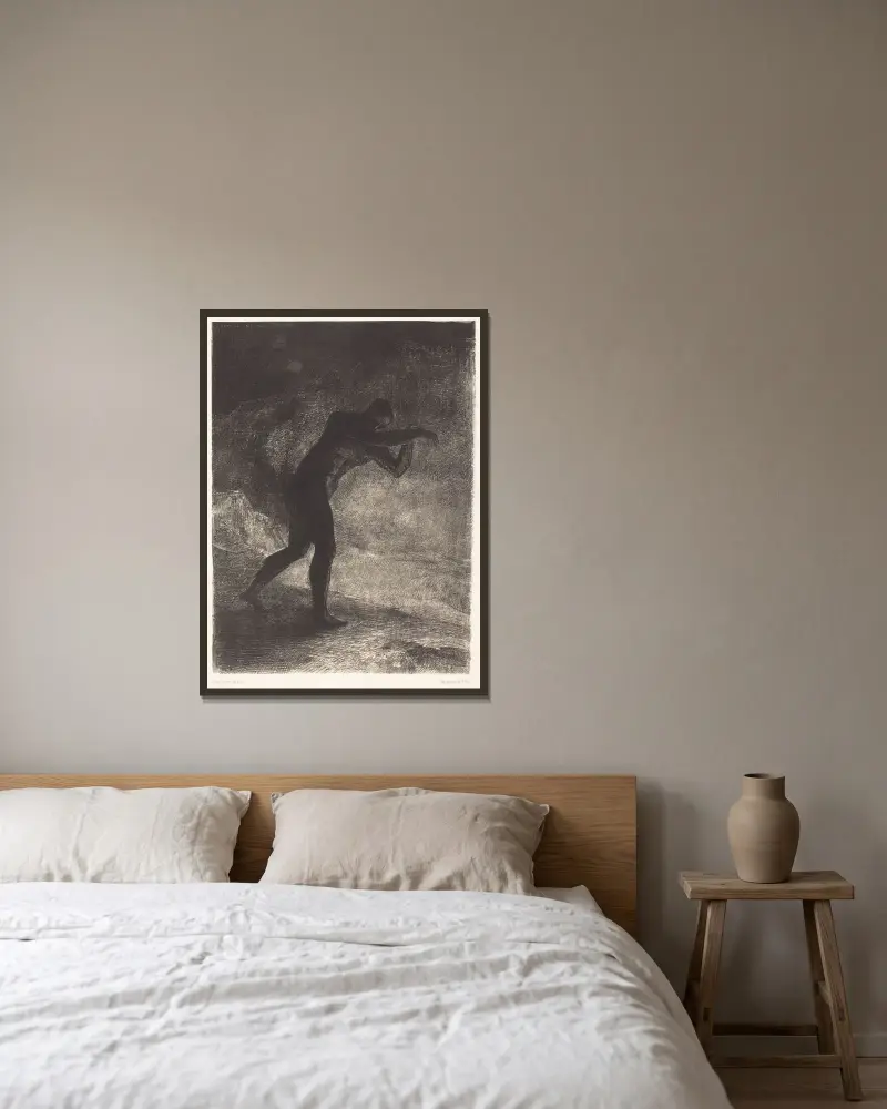 Und der Mensch erschien, den Boden befragend, aus dem er hervorgeht und der ihn anzieht, bahnte er sich den Weg von Odilon Redon gerahmt an einer Wand