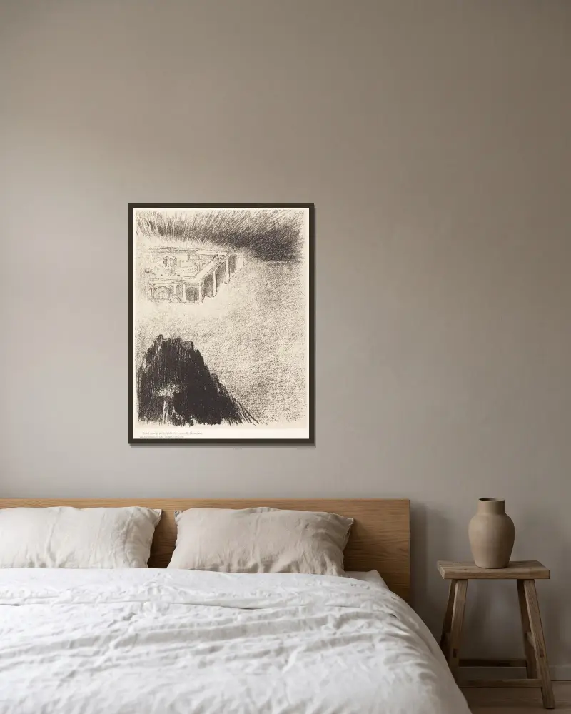 Och jag, Johannes, såg den heliga staden, det nya Jerusalem, komma ned från himlen, från Gud av Odilon Redon inramad på en vägg