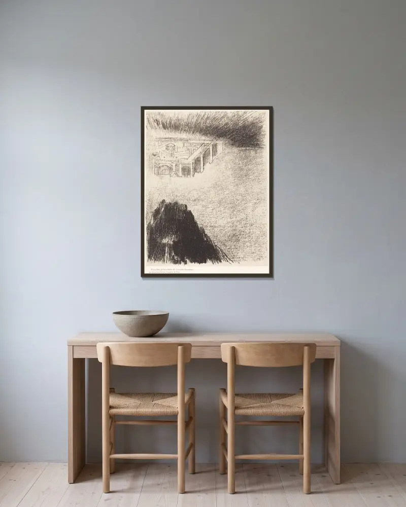 Och jag, Johannes, såg den heliga staden, det nya Jerusalem, komma ned från himlen, från Gud av Odilon Redon inramad på en vägg