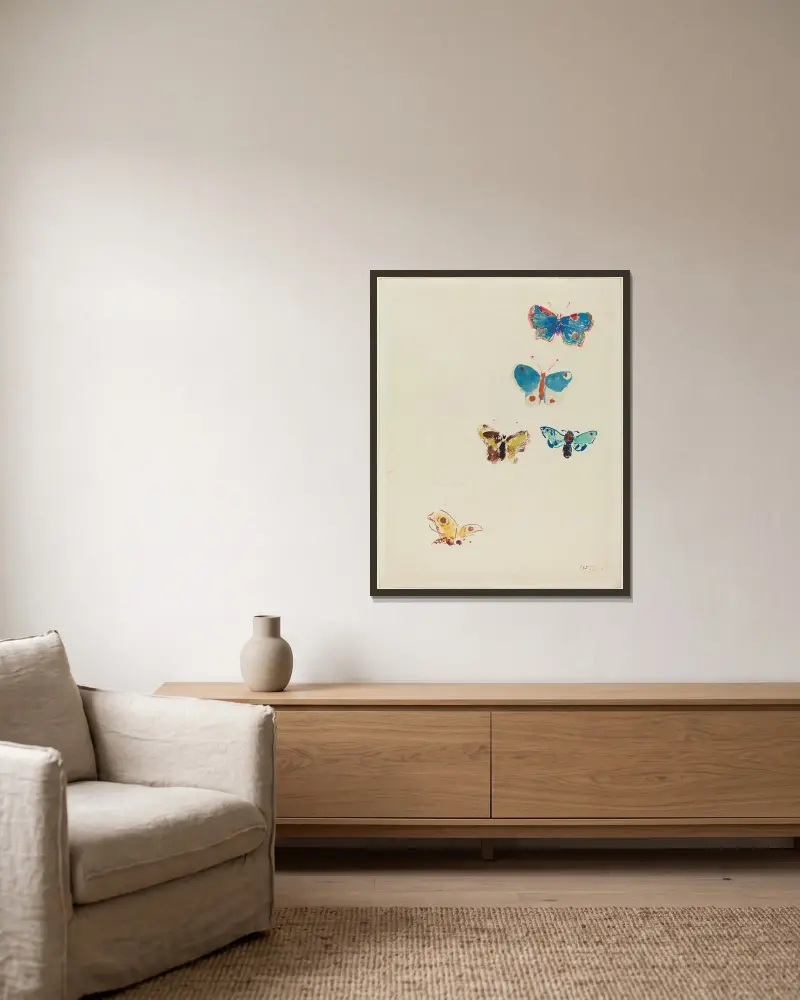 Five Butterflies av Odilon Redon inramad på en vägg
