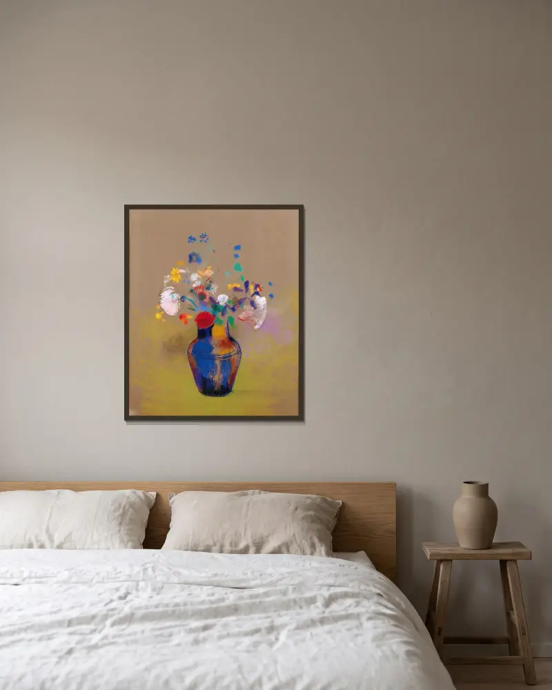 Květiny na šedém pozadí, Odilon Redon v rámu na stěně