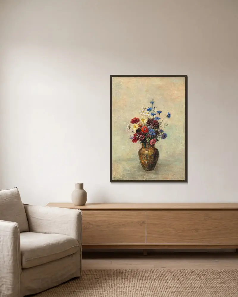 Flowers in a Vase av Odilon Redon inramad på en vägg