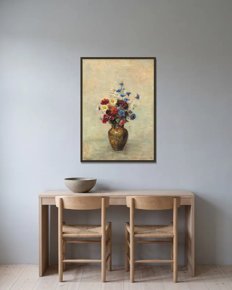 Flowers in a Vase av Odilon Redon inramad på en vägg