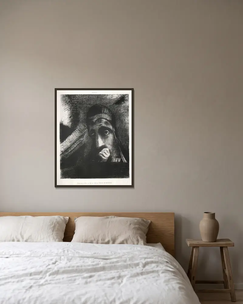 I min dröm såg jag på himlen ett ansikte av mystik av Odilon Redon inramad på en vägg