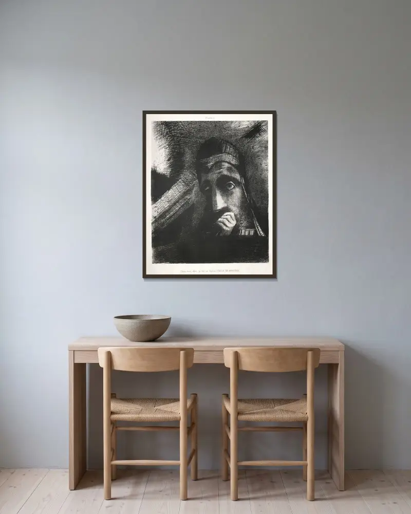 I min dröm såg jag på himlen ett ansikte av mystik av Odilon Redon inramad på en vägg