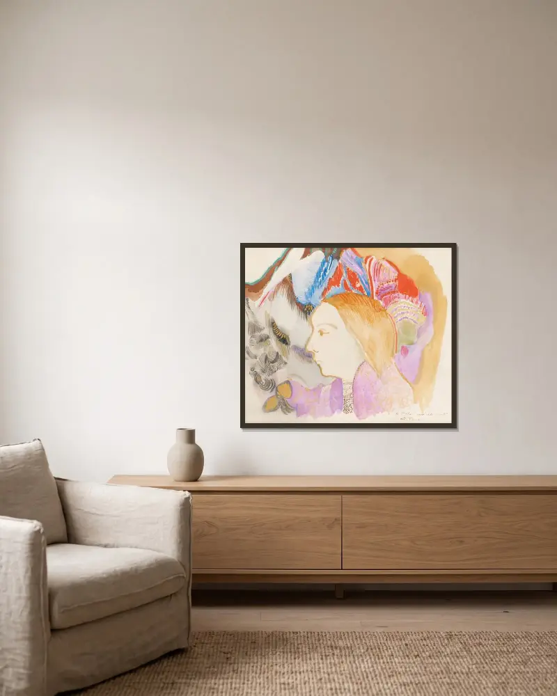 Jeune Fille Et Fleurs av Odilon Redon inramad på en vägg
