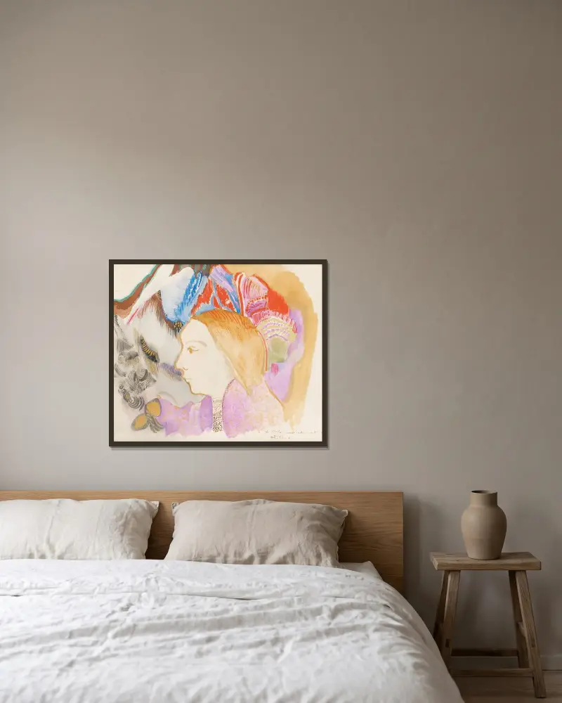 Jeune Fille Et Fleurs av Odilon Redon inramad på en vägg