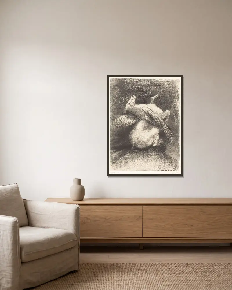 Der machtlose Flügel hob das Tier nicht in diese schwarzen Räume von Odilon Redon gerahmt an einer Wand