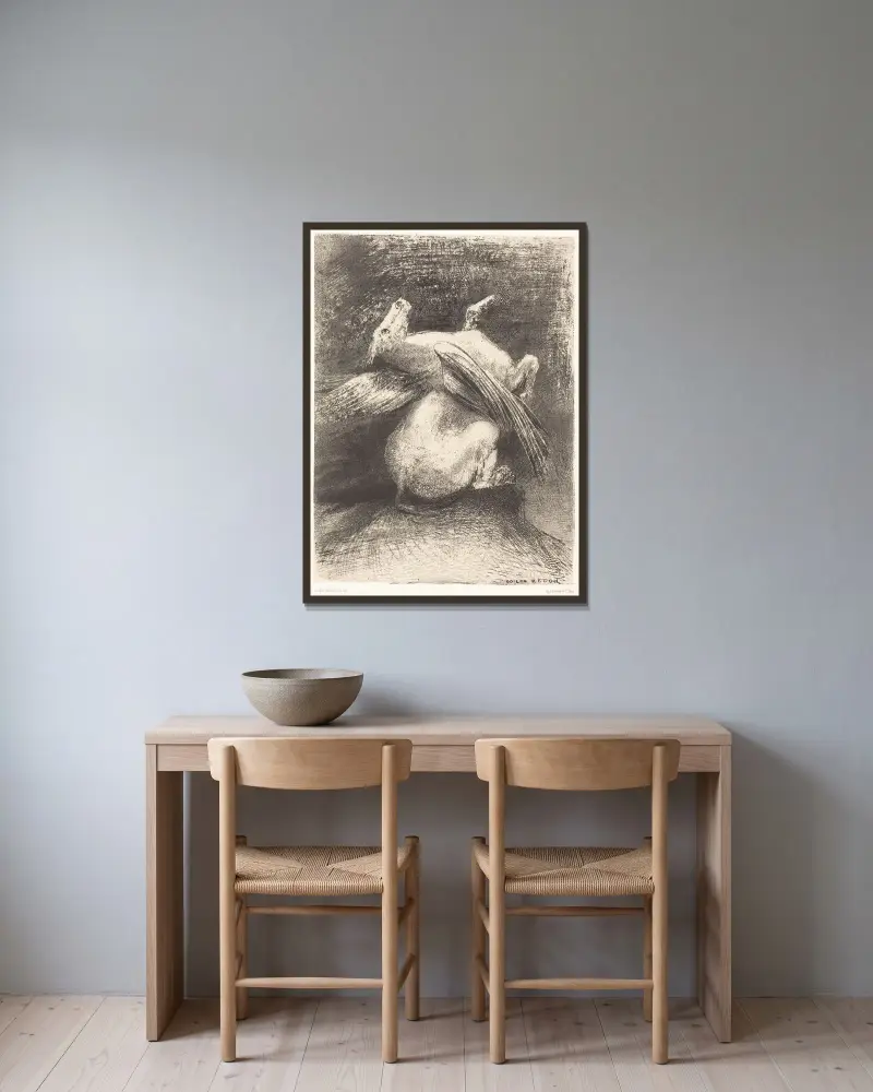 Der machtlose Flügel hob das Tier nicht in diese schwarzen Räume von Odilon Redon gerahmt an einer Wand