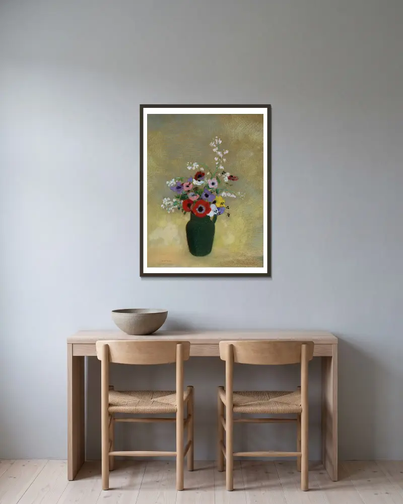 Velká zelená váza s květinami, Odilon Redon v rámu na stěně