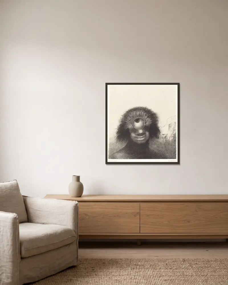 Der deformierte Polyp trieb auf den Ufern, eine Art lächelnder und scheußlicher Zyklop von Odilon Redon gerahmt an einer Wand