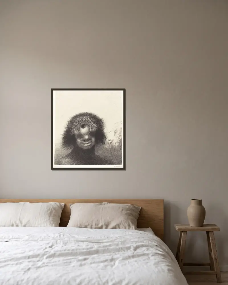 Der deformierte Polyp trieb auf den Ufern, eine Art lächelnder und scheußlicher Zyklop von Odilon Redon gerahmt an einer Wand