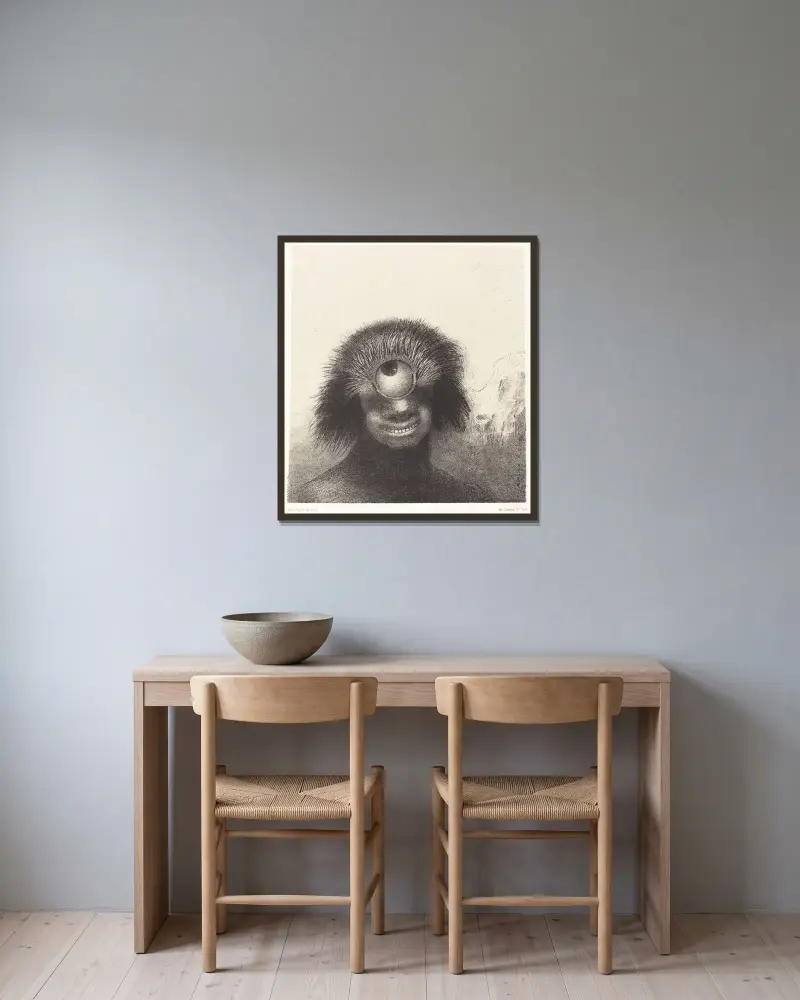 Der deformierte Polyp trieb auf den Ufern, eine Art lächelnder und scheußlicher Zyklop von Odilon Redon gerahmt an einer Wand