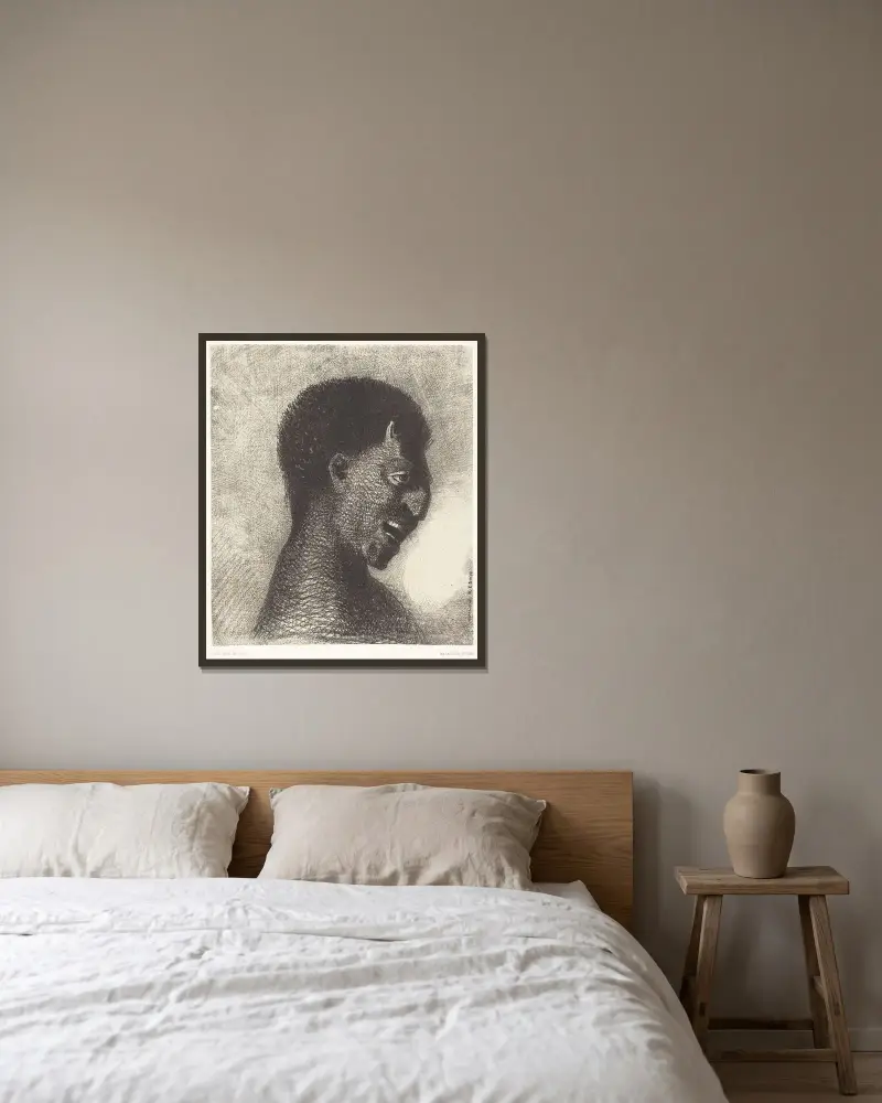 Satyr med cyniskt leende av Odilon Redon inramad på en vägg
