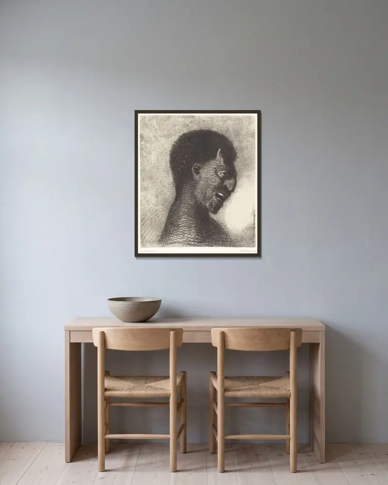 Satyr med cyniskt leende av Odilon Redon inramad på en vägg