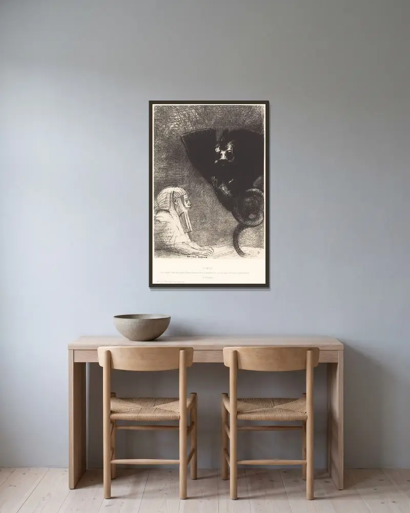 Sfinxen … min blick, som ingenting kan avleda, förblir riktad genom tingen mot en oåtkomlig horisont. Chimären – jag är lätt och glad, 1889 – nr 2 av Odilon Redon inramad på en vägg