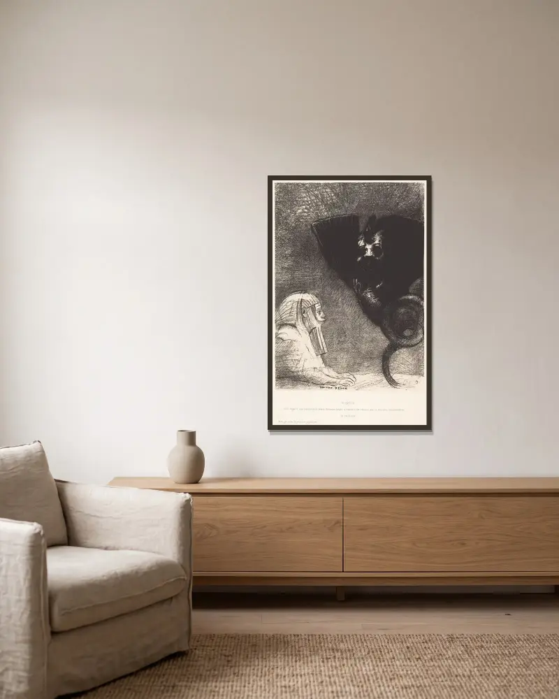 Sfinxen … min blick, som ingenting kan avleda, förblir riktad genom tingen mot en oåtkomlig horisont. Chimären; jag, jag är lätt och glad, 1889 – nr 1 av Odilon Redon inramad på en vägg