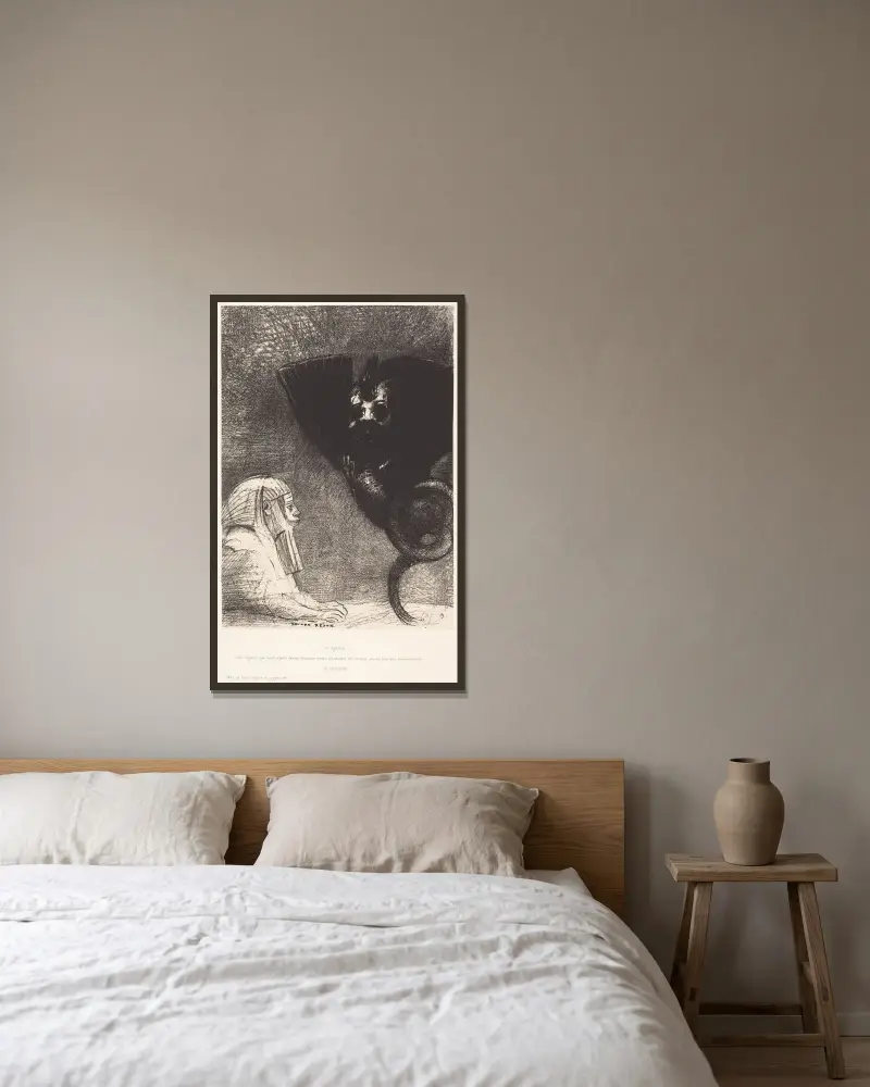 Sfinxen … min blick, som ingenting kan avleda, förblir riktad genom tingen mot en oåtkomlig horisont. Chimären; jag, jag är lätt och glad, 1889 – nr 1 av Odilon Redon inramad på en vägg