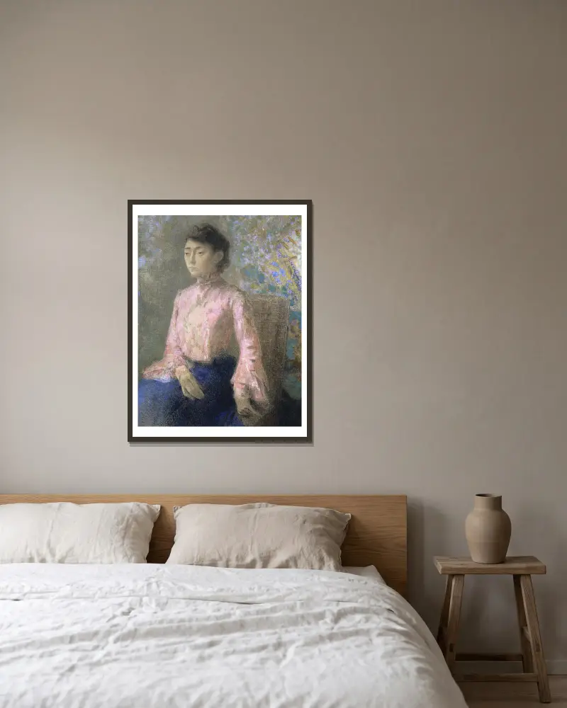 Porträtt av fröken Jeanne Chaîne av Odilon Redon inramad på en vägg