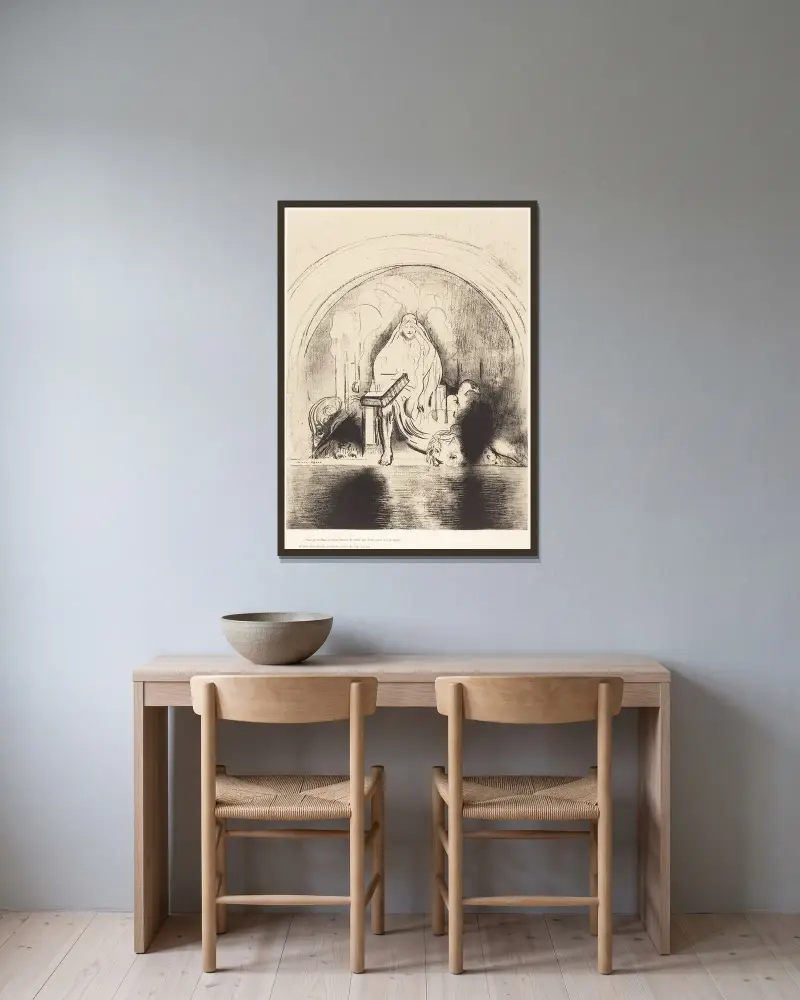 Då såg jag i högra handen på honom som satt på tronen en bok med skrift både innan och utan, förseglad med sju sigill av Odilon Redon inramad på en vägg