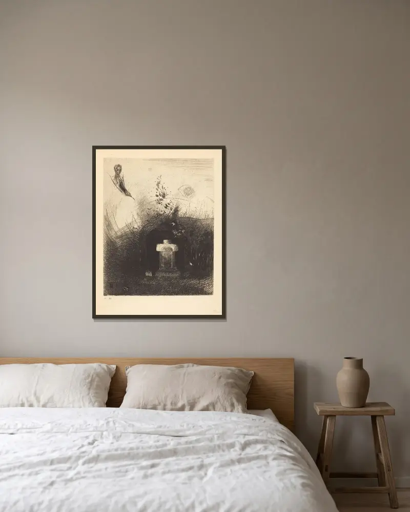 Om en tung och mörk natt en god kristen av barmhärtighet bakom något gammalt bråte begraver er krökta kropp av Odilon Redon inramad på en vägg