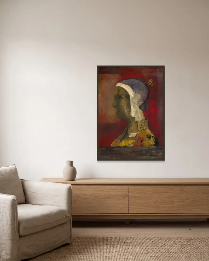 Symbolic Head av Odilon Redon inramad på en vägg