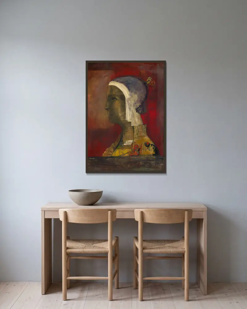 Symbolic Head av Odilon Redon inramad på en vägg