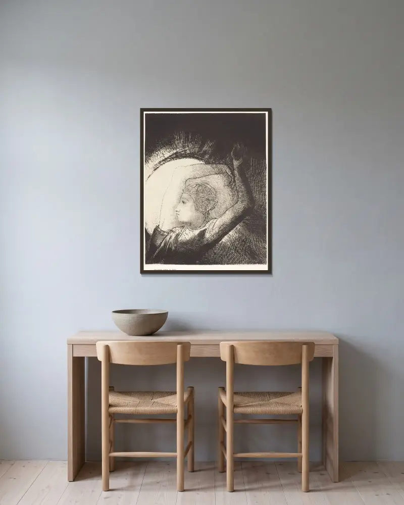 En kvinna klädd i solen av Odilon Redon inramad på en vägg