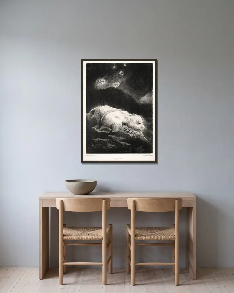 När livet vaknade i den dunkla materiens djup av Odilon Redon inramad på en vägg