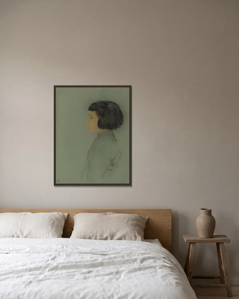 Young Woman in Profile av Odilon Redon inramad på en vägg