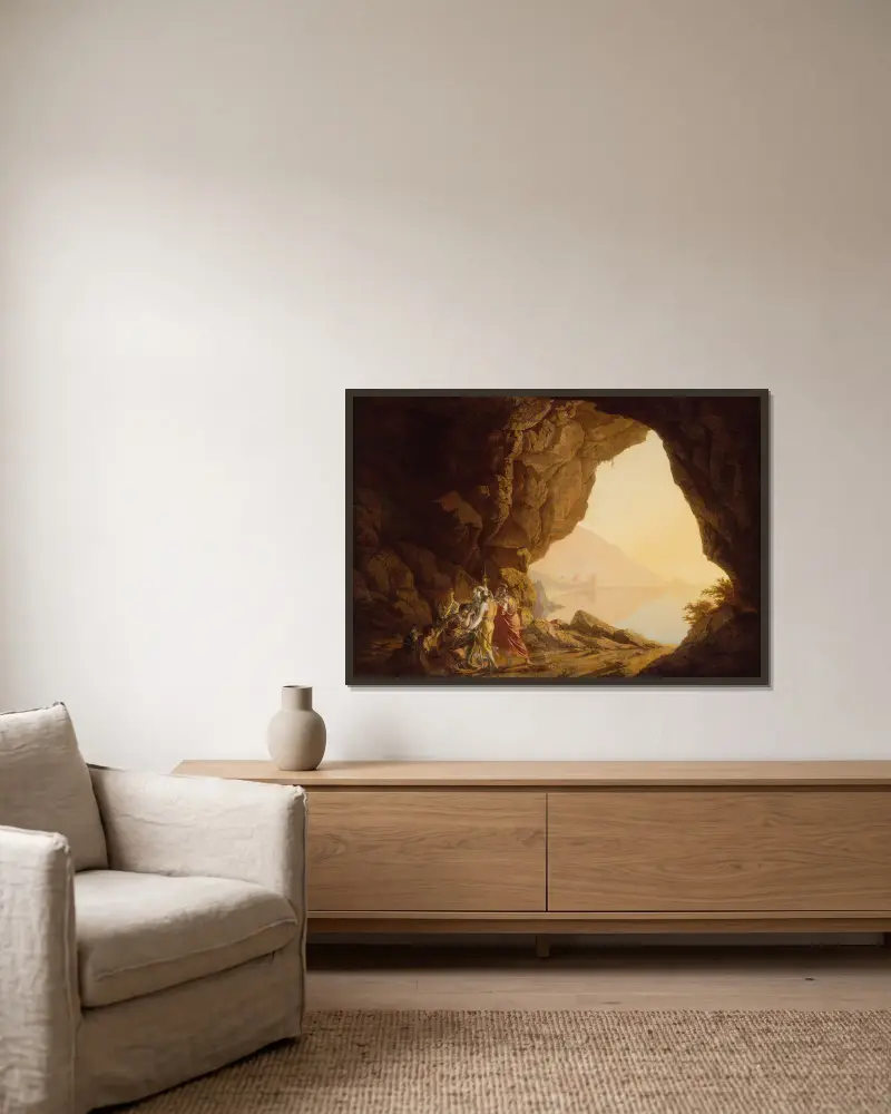 Grotta vid havet i kungariket Neapel med banditer, solnedgång av Joseph Wright of Derby inramad på en vägg