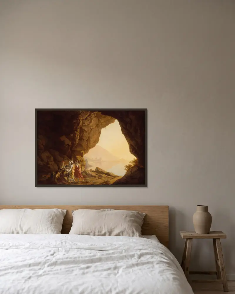 Grotta vid havet i kungariket Neapel med banditer, solnedgång av Joseph Wright of Derby inramad på en vägg