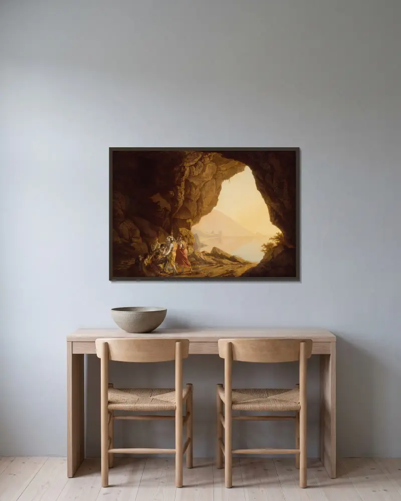 Grotta vid havet i kungariket Neapel med banditer, solnedgång av Joseph Wright of Derby inramad på en vägg