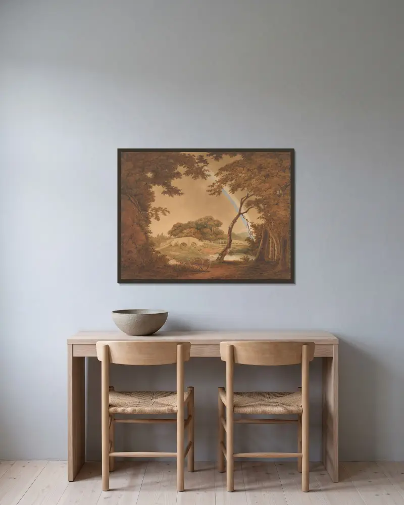 Landskap med regnbåge, vy nära Chesterfield av Joseph Wright of Derby inramad på en vägg