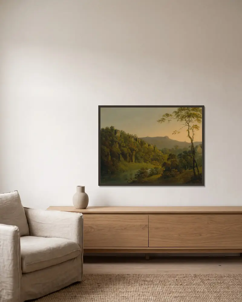 Matlock Dale mit Blick zum Black Rock Escarpment von Joseph Wright of Derby gerahmt an einer Wand
