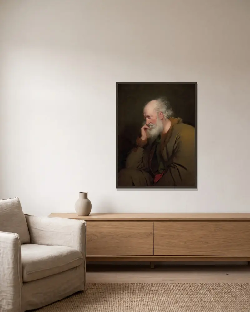 Studie av en gammal man av Joseph Wright of Derby inramad på en vägg