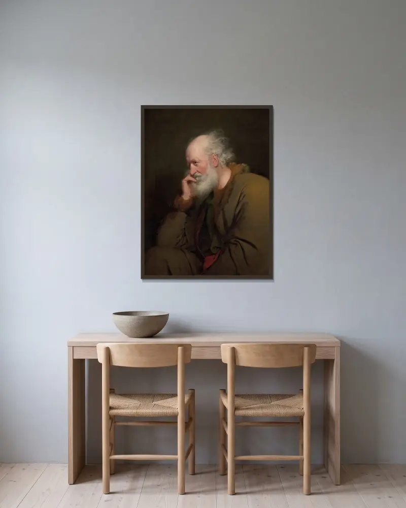 Studie av en gammal man av Joseph Wright of Derby inramad på en vägg