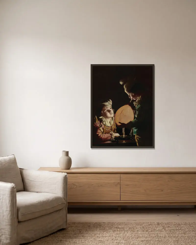 Zwei Jungen mit einer Blase von Joseph Wright of Derby gerahmt an einer Wand