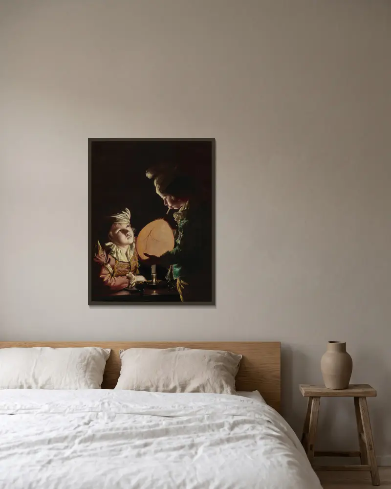 Zwei Jungen mit einer Blase von Joseph Wright of Derby gerahmt an einer Wand