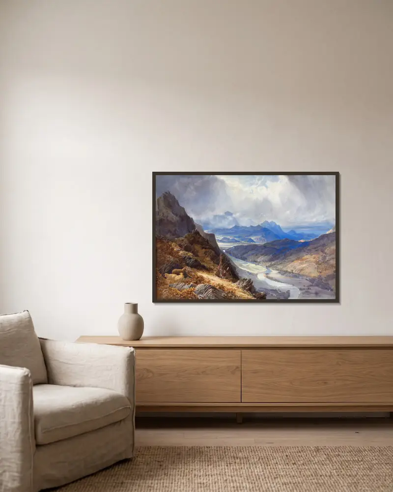Utsikt från Moel Cynwich; över Afon Mawddachs dal mot Cader Idris av William Turner of Oxford inramad på en vägg