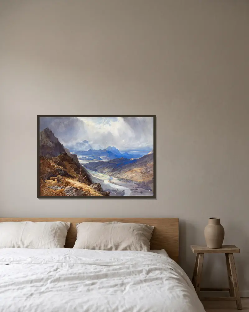 Utsikt från Moel Cynwich; över Afon Mawddachs dal mot Cader Idris av William Turner of Oxford inramad på en vägg