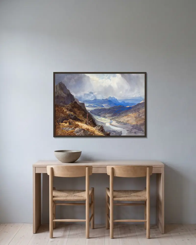 Utsikt från Moel Cynwich; över Afon Mawddachs dal mot Cader Idris av William Turner of Oxford inramad på en vägg