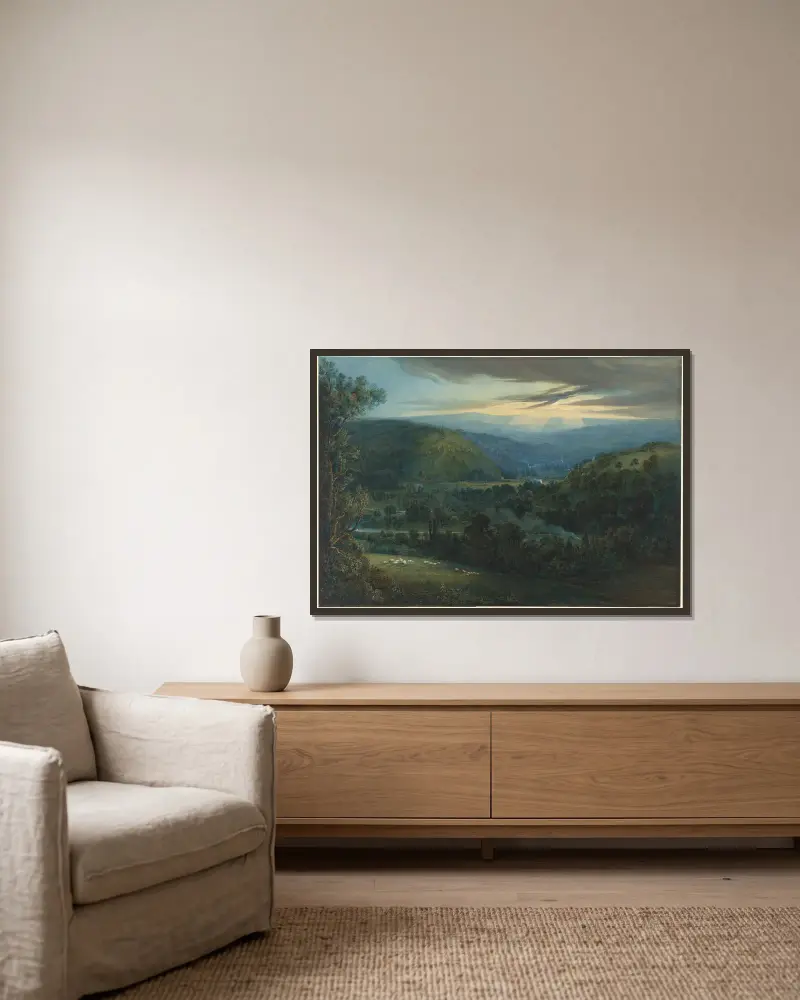 Dawn in the Valleys of Devon av William Turner of Oxford inramad på en vägg