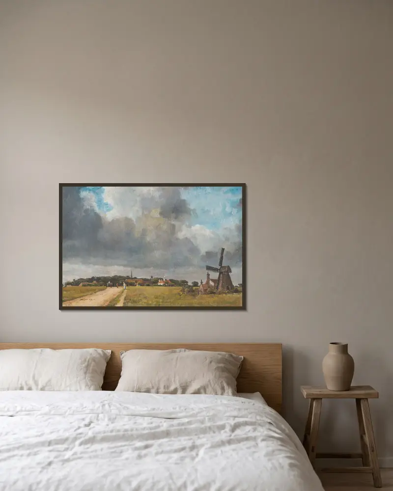 Landskap med by och väderkvarn av William Turner of Oxford inramad på en vägg