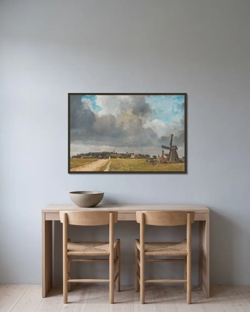 Landskap med by och väderkvarn av William Turner of Oxford inramad på en vägg