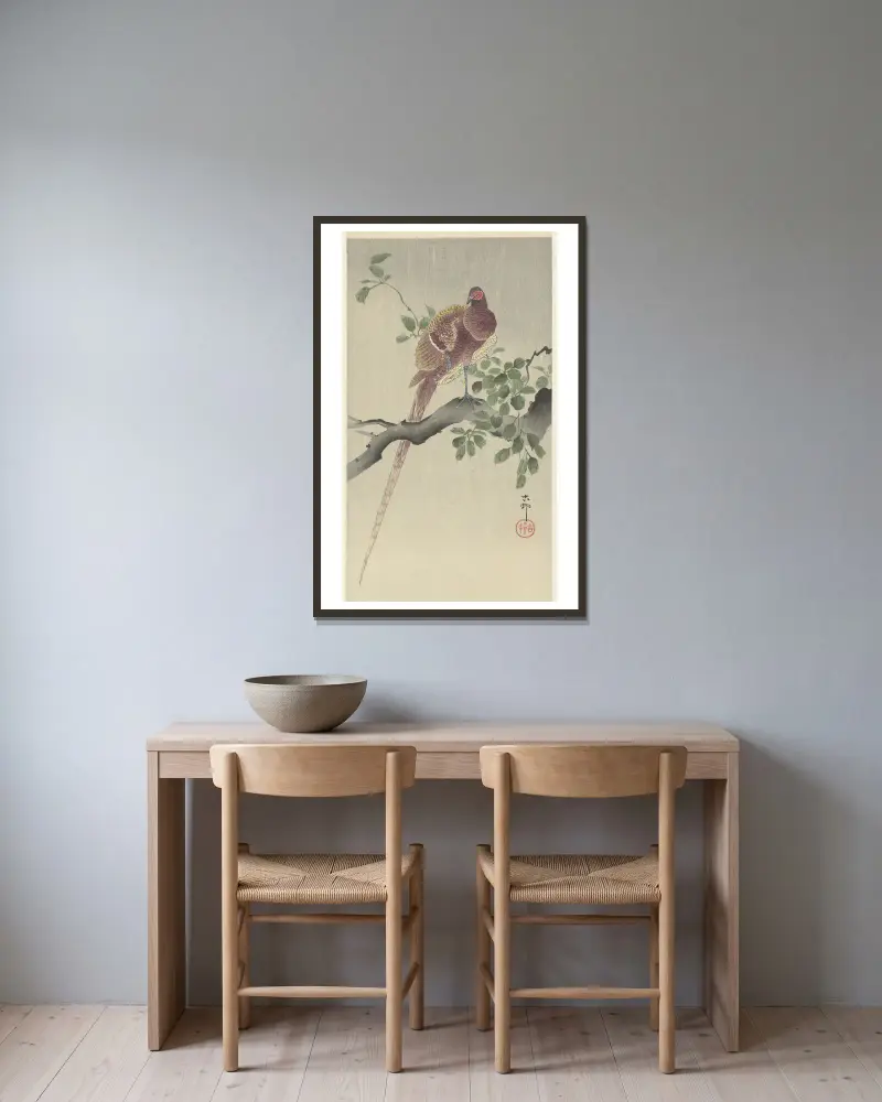 Copper pheasant av Ohara Koson inramad på en vägg