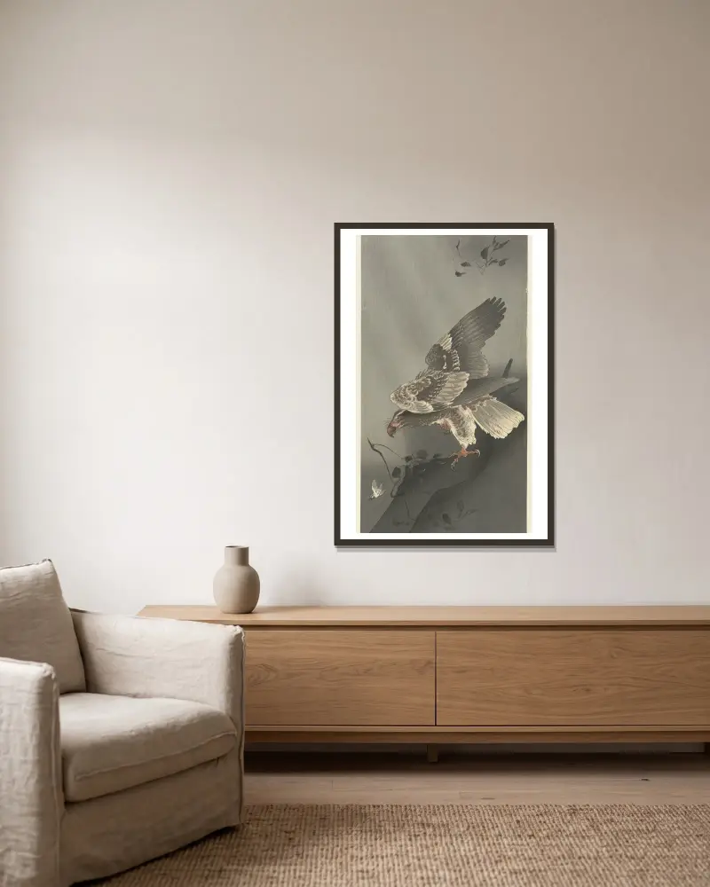 Eagle lurking for prey av Ohara Koson inramad på en vägg