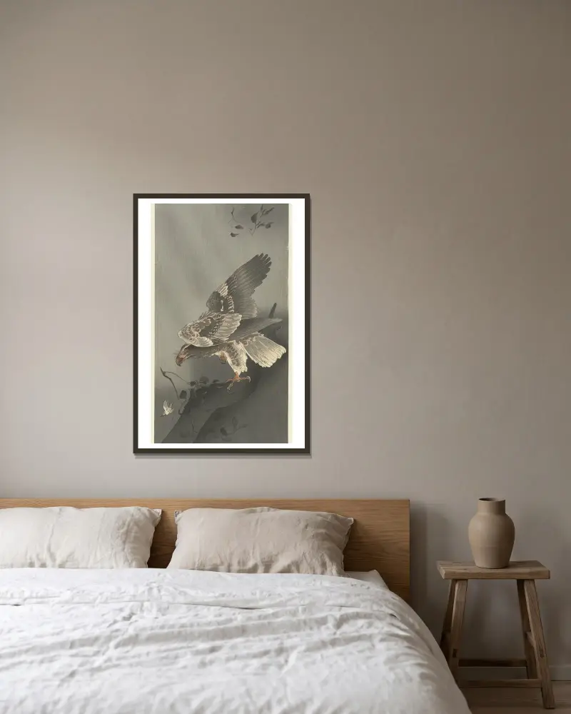 Eagle lurking for prey av Ohara Koson inramad på en vägg