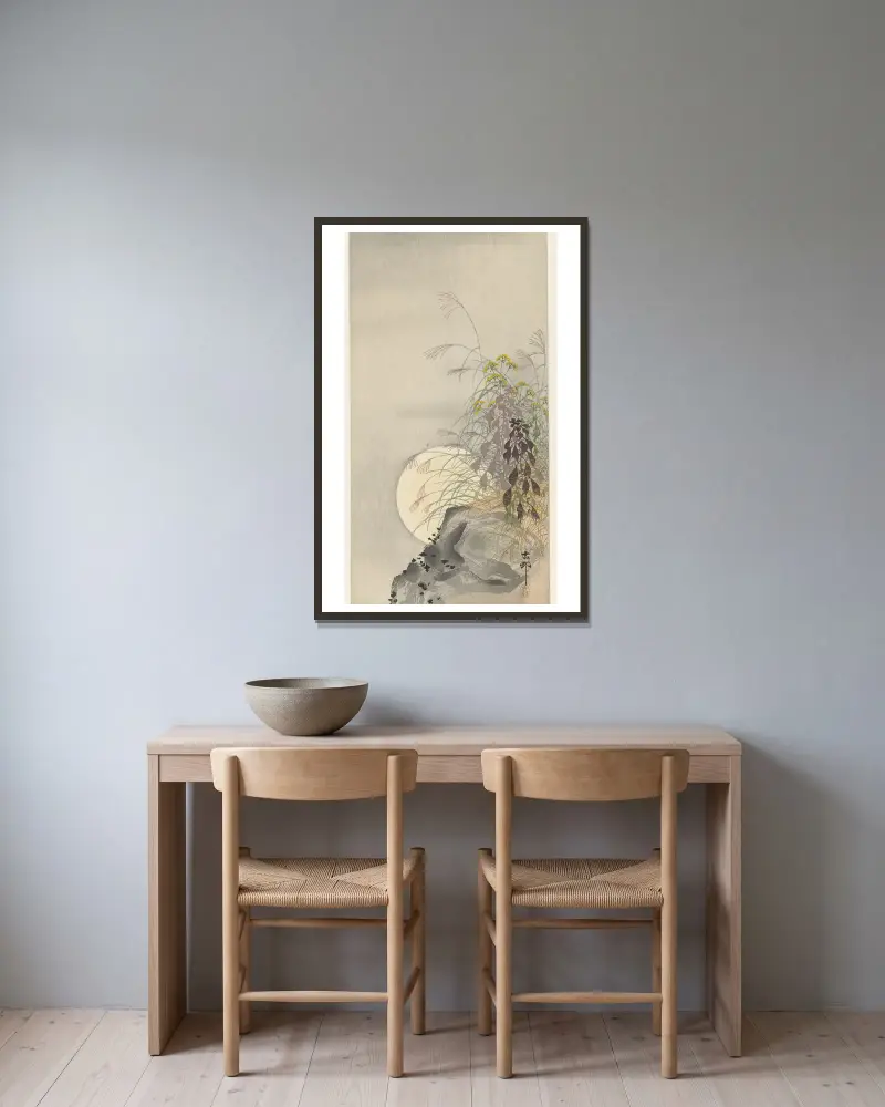 Gräser bei Vollmond von Ohara Koson gerahmt an einer Wand